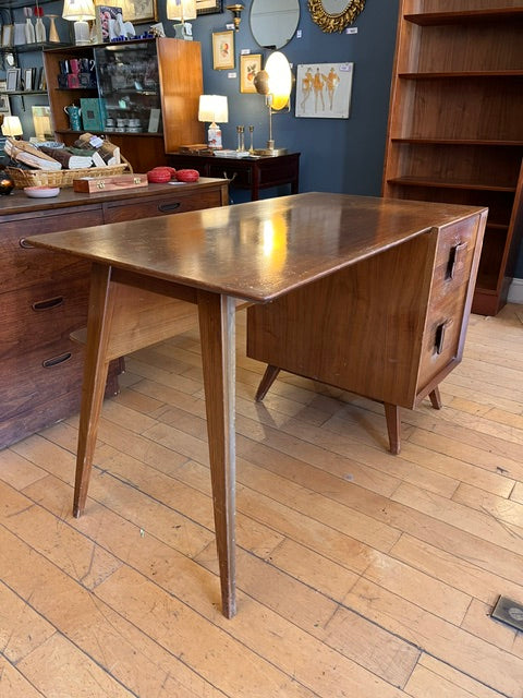Midcentury Desk with Two Drawers and Bookshelf Back