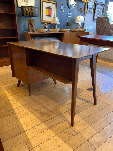 Midcentury Desk with Two Drawers and Bookshelf Back