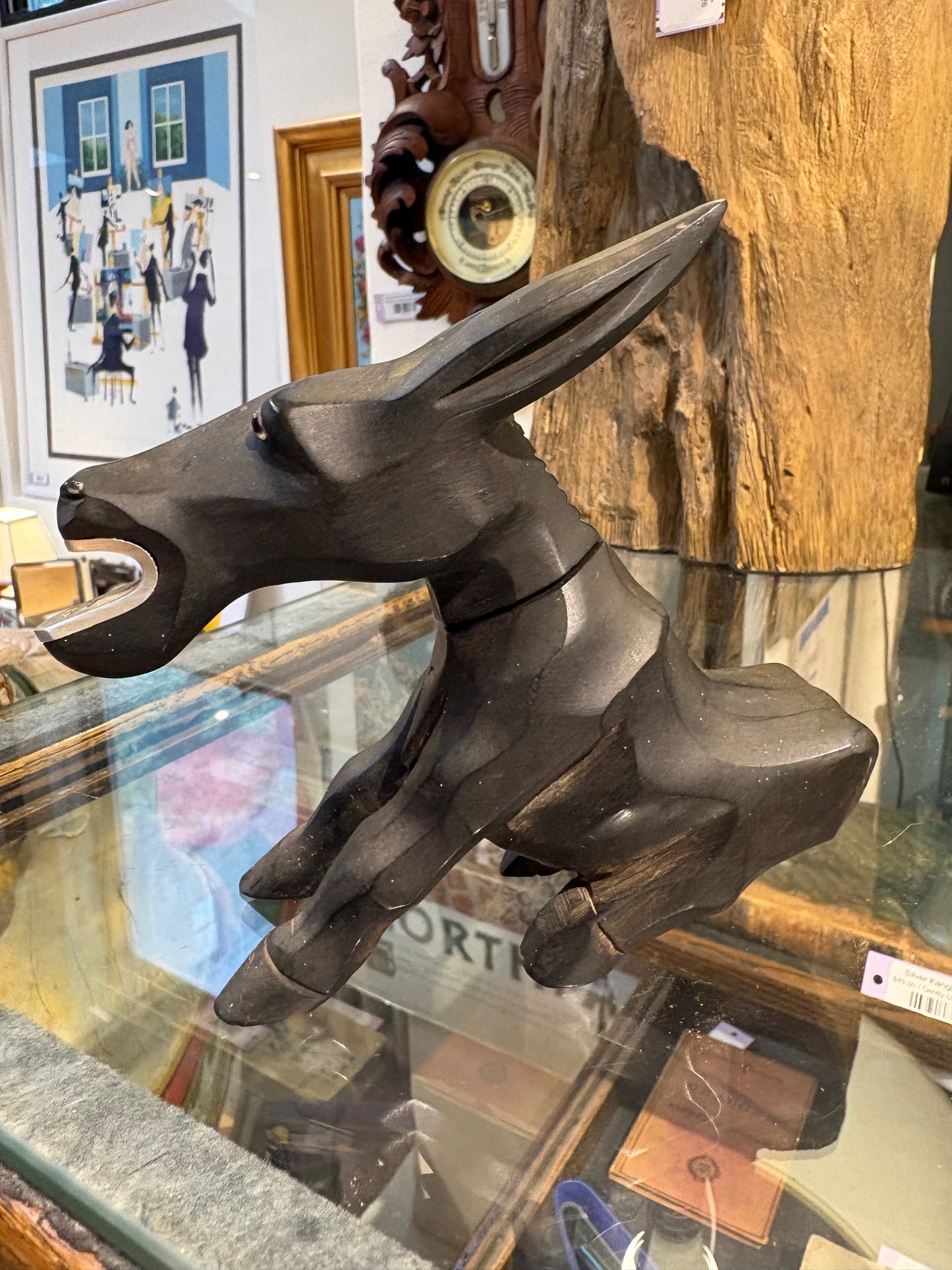 French Carved Wood Seated Black Donkey Corkscrew/Bottle Opener