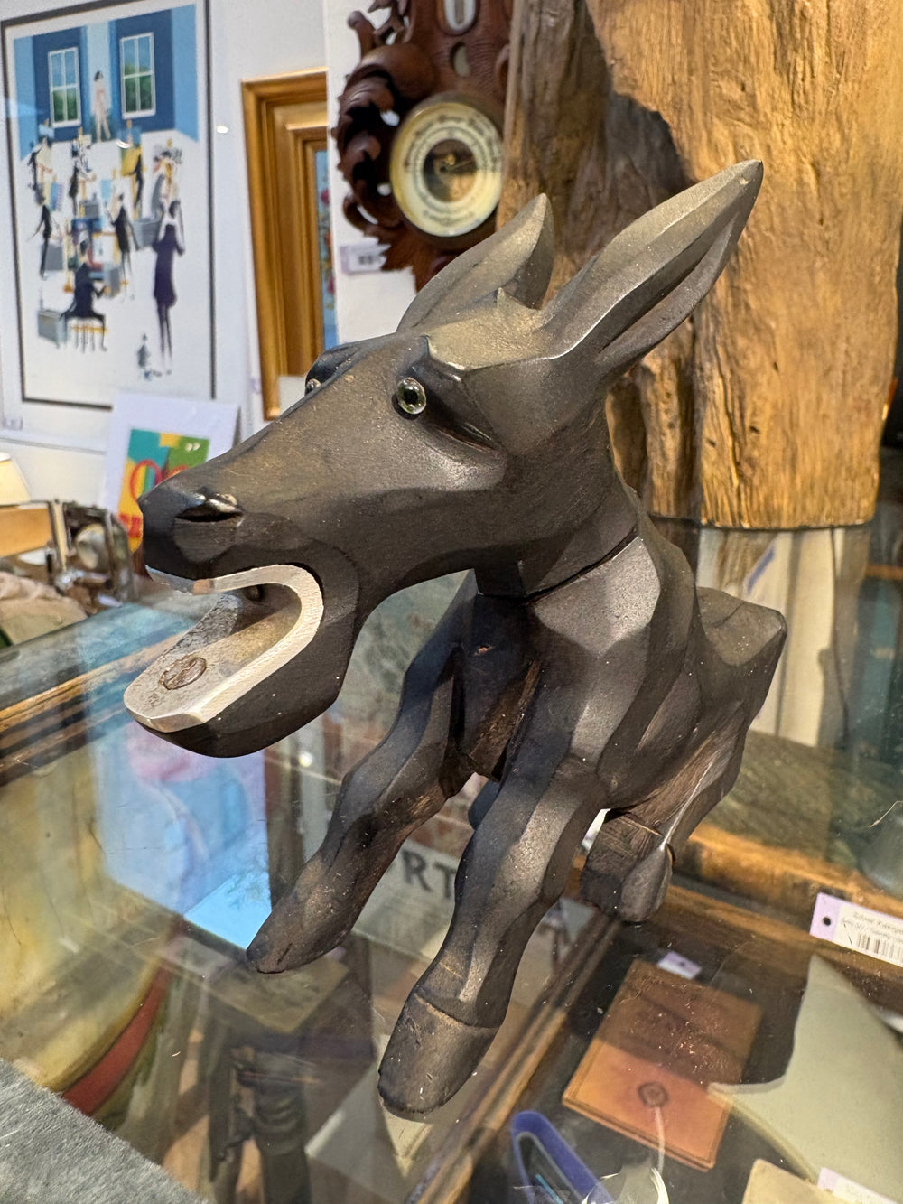 French Carved Wood Seated Black Donkey Corkscrew/Bottle Opener