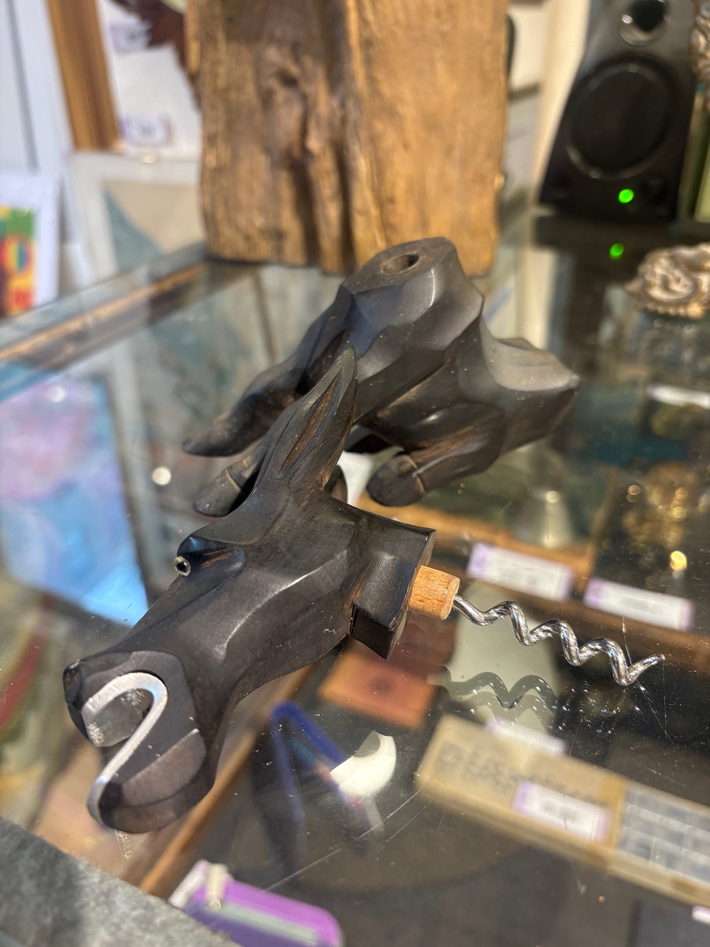 French Carved Wood Seated Black Donkey Corkscrew/Bottle Opener