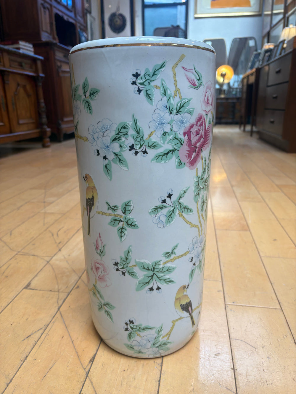 Vintage Asian Painted Ceramic Umbrella Stand