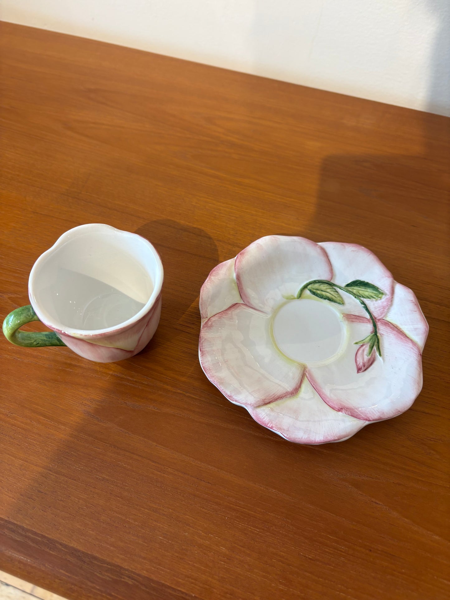 Pair of Italian Painted Flower Tea Cup and Saucer