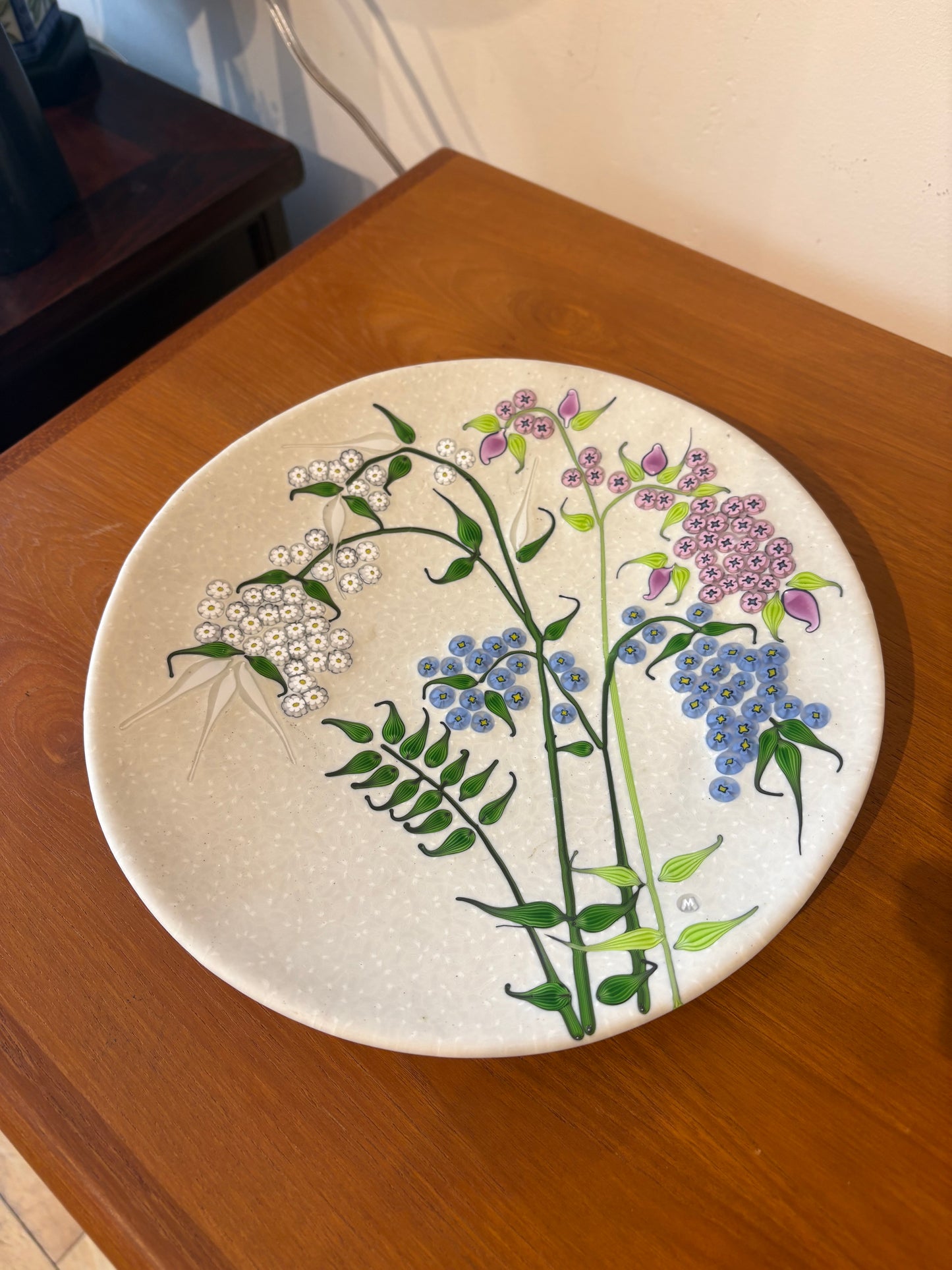 Italian Murano Ceramic Plate with Glass Mosaic Flowers
