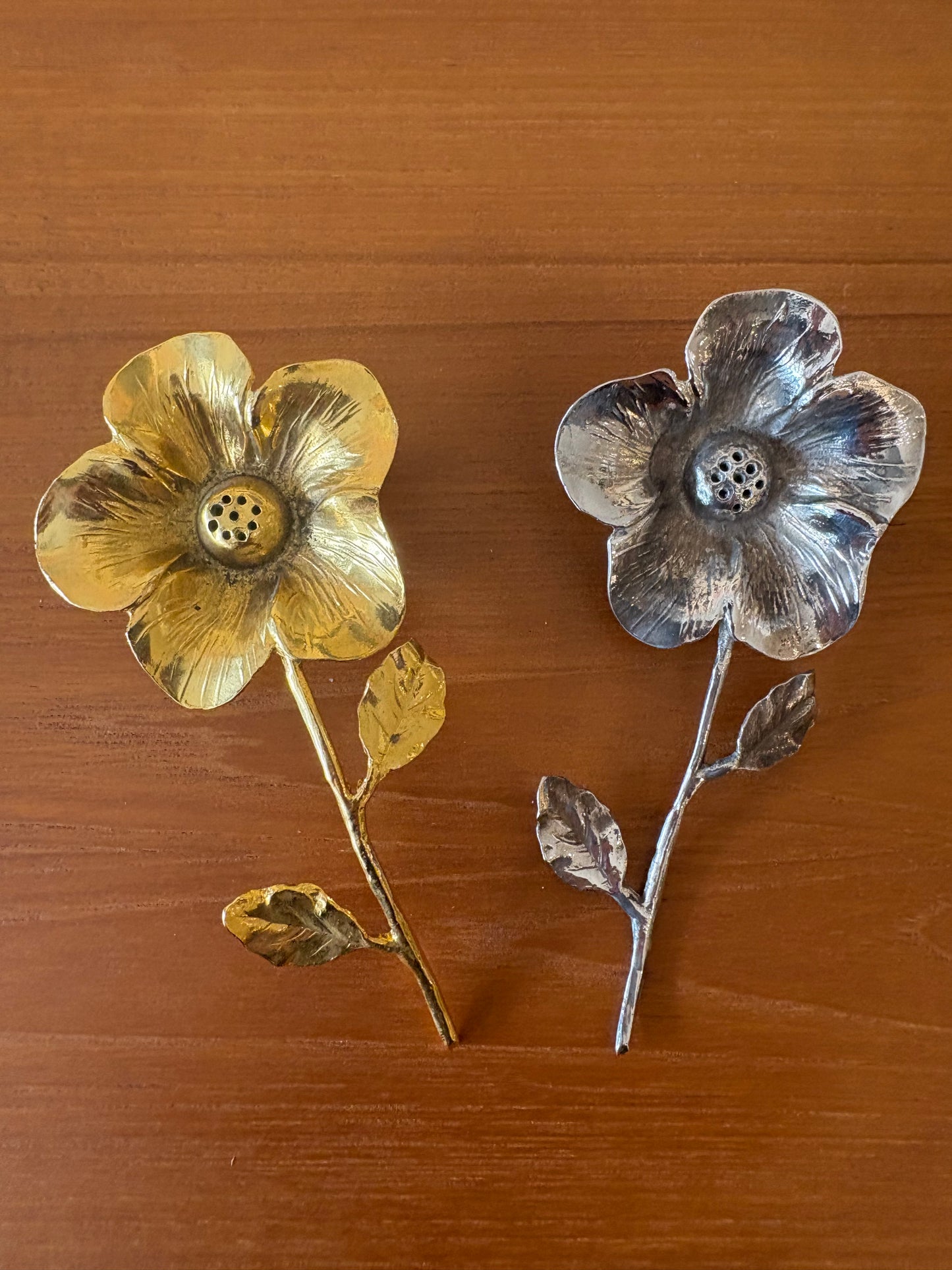 Vintage Pair of Gold/Silver Plated Flower Salt and Pepper Shakers