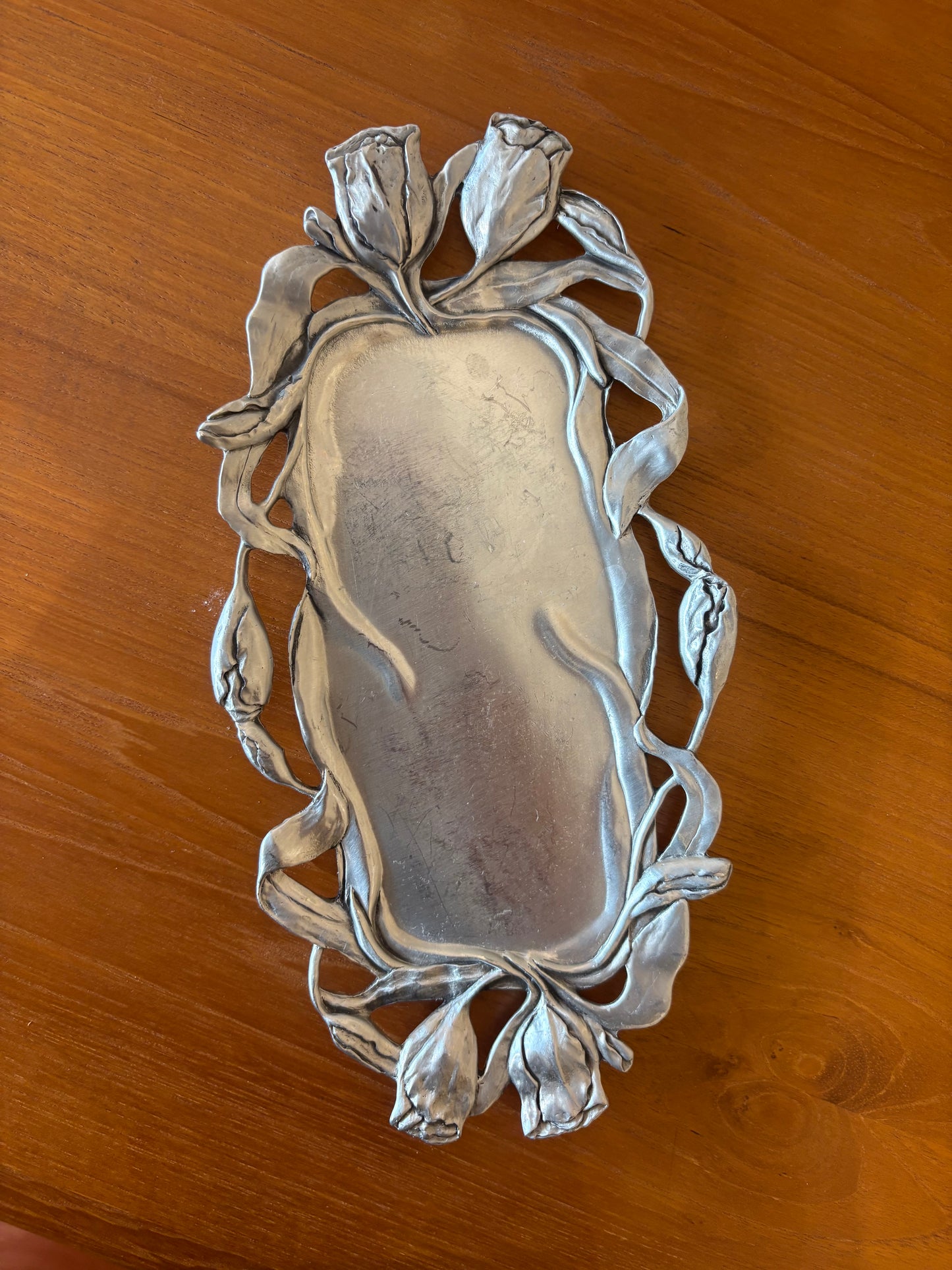 Vintage Canadian Pewter Tray and Spoon with Tulip Design