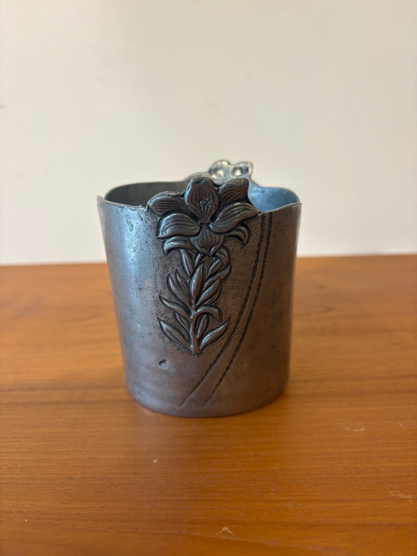 German Art Nouveau Pewter Cup with Flower