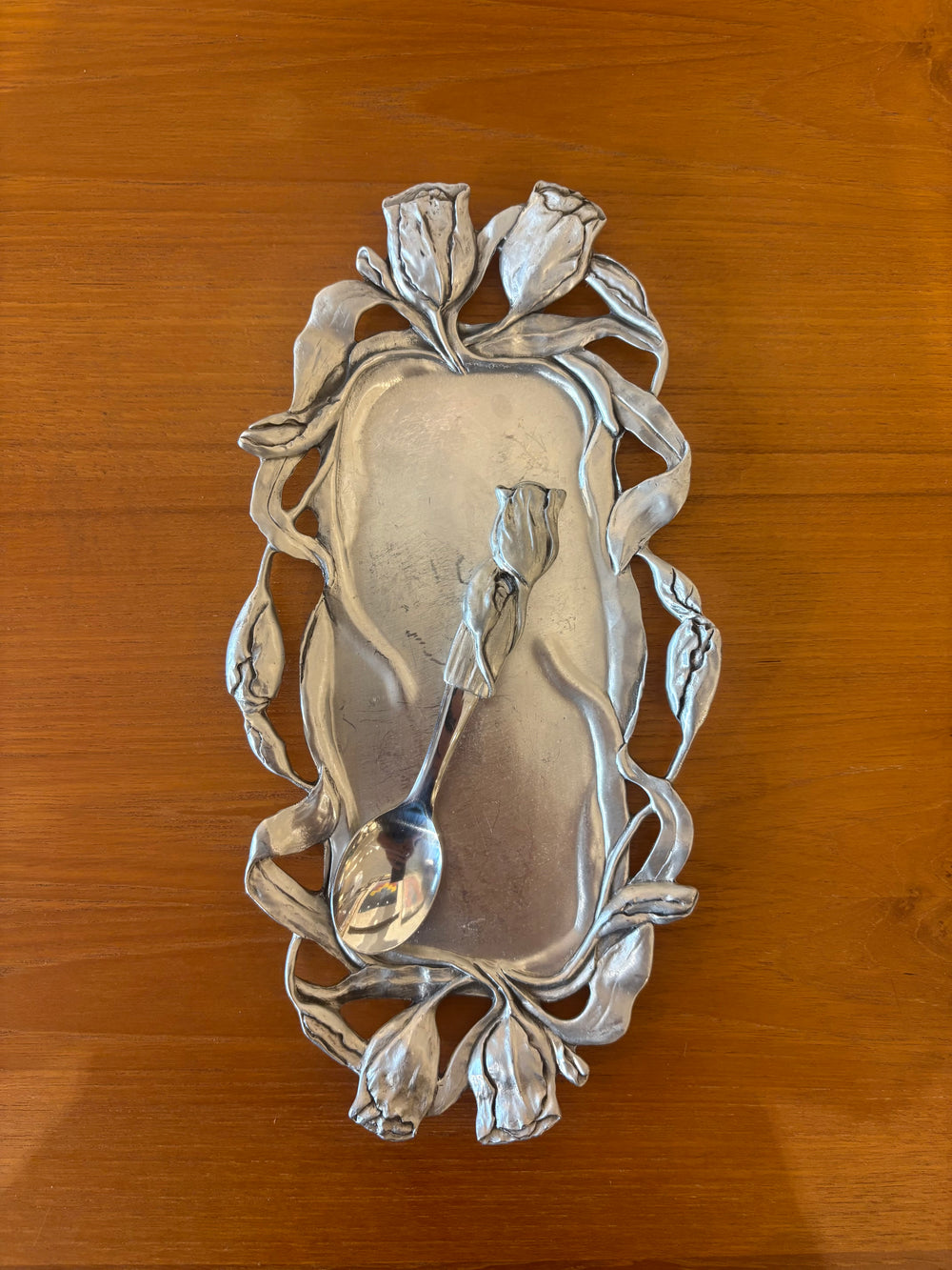 Vintage Canadian Pewter Tray and Spoon with Tulip Design