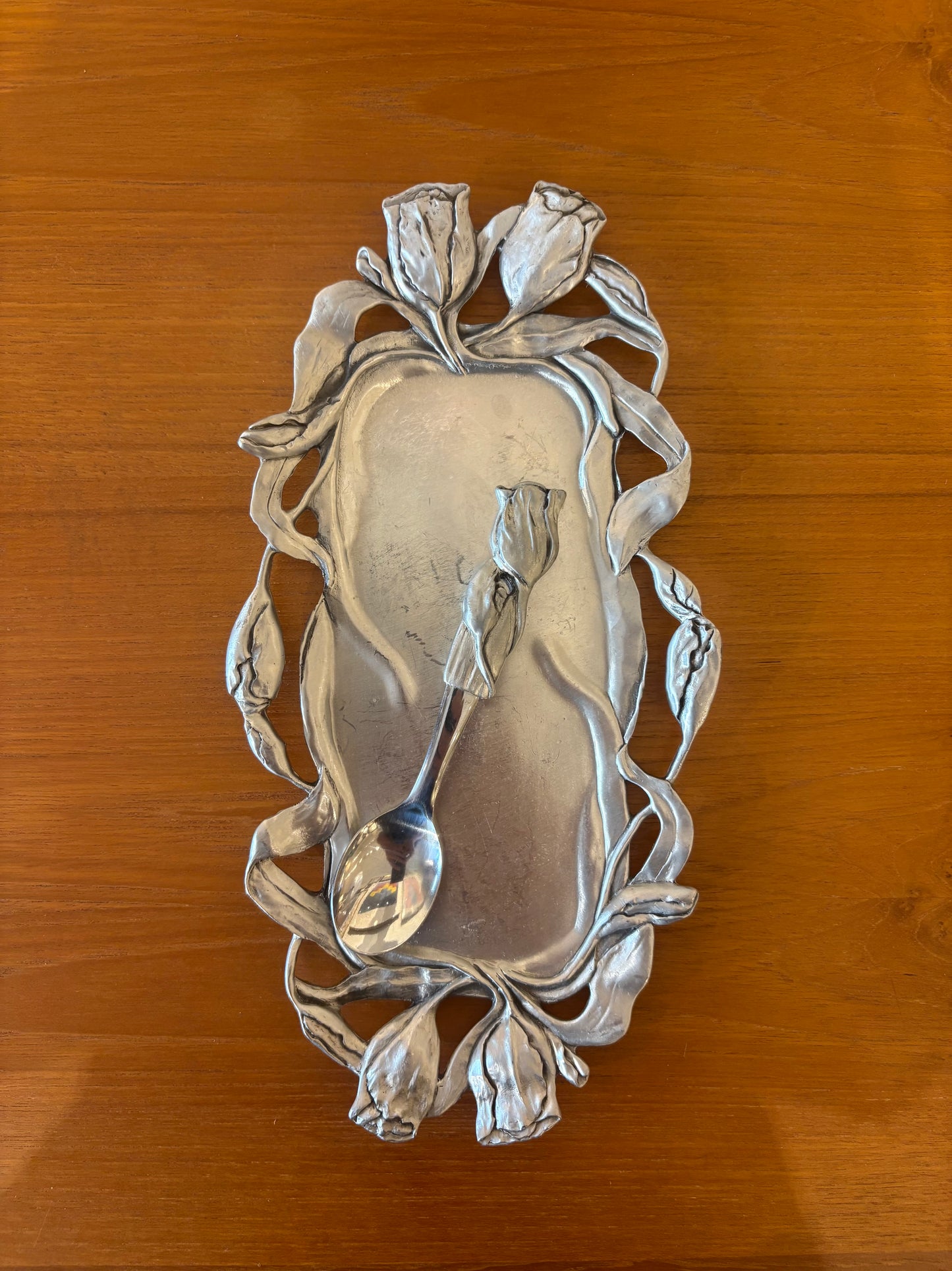 Vintage Canadian Pewter Tray and Spoon with Tulip Design