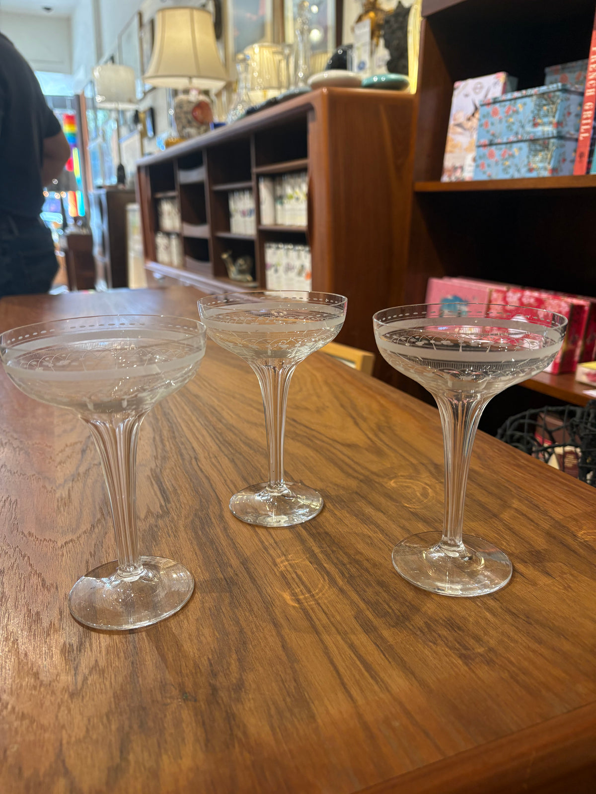 S/3 French Etched Crystal Alto Coupes with Hollow Stems