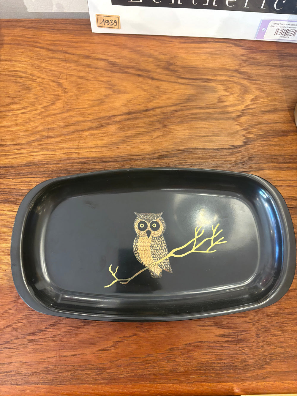 Oblong Lacquer Owl Tray with Inlaid Wood and Brass