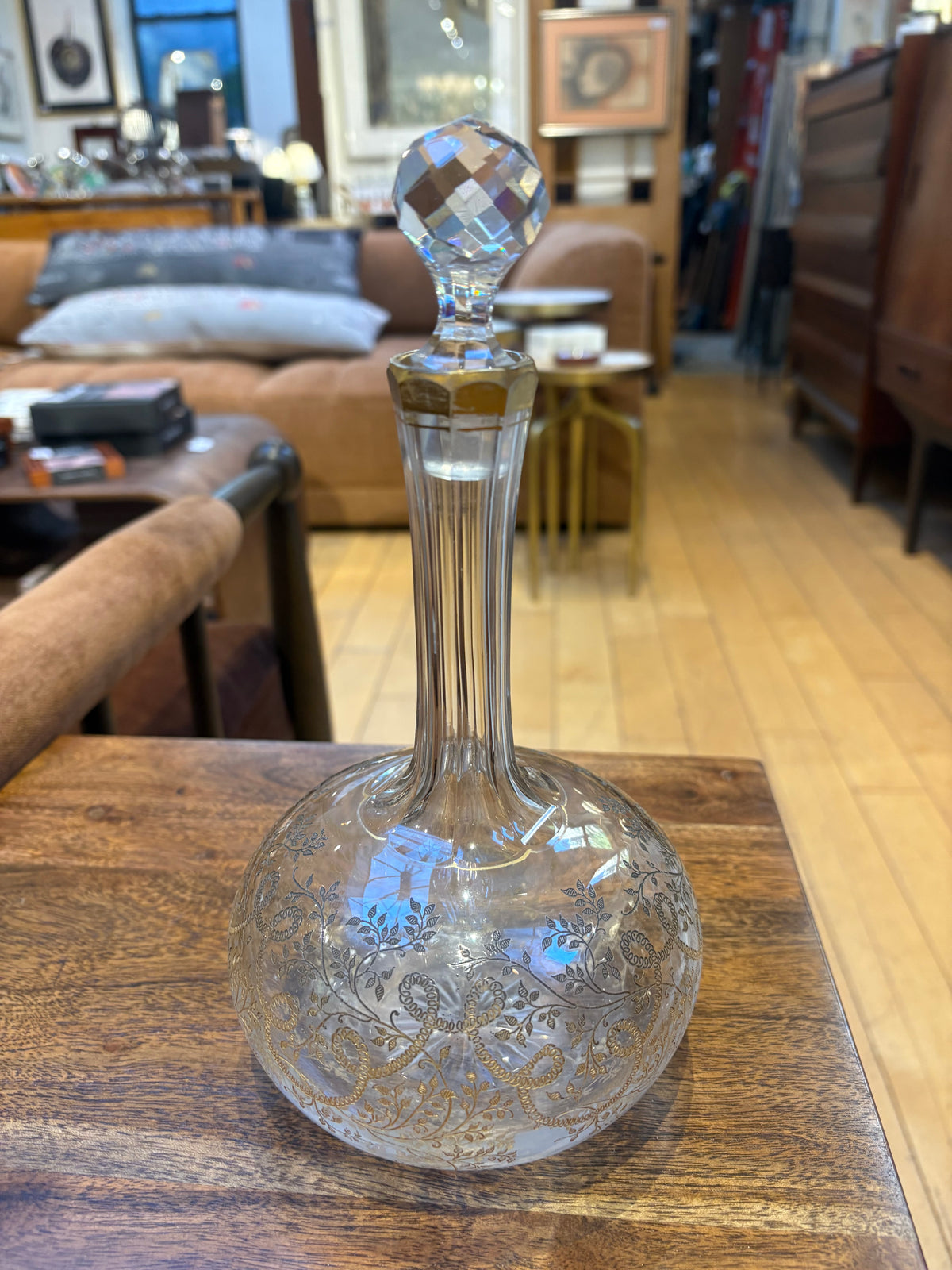 Vintage Crystal Decanter with Etched Gold Accents