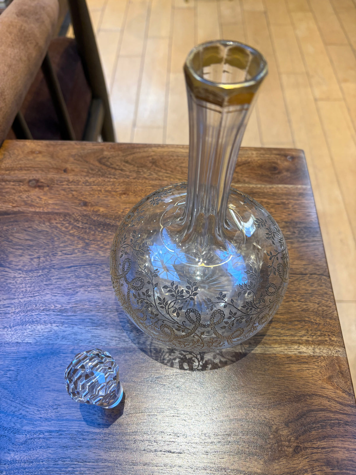Vintage Crystal Decanter with Etched Gold Accents