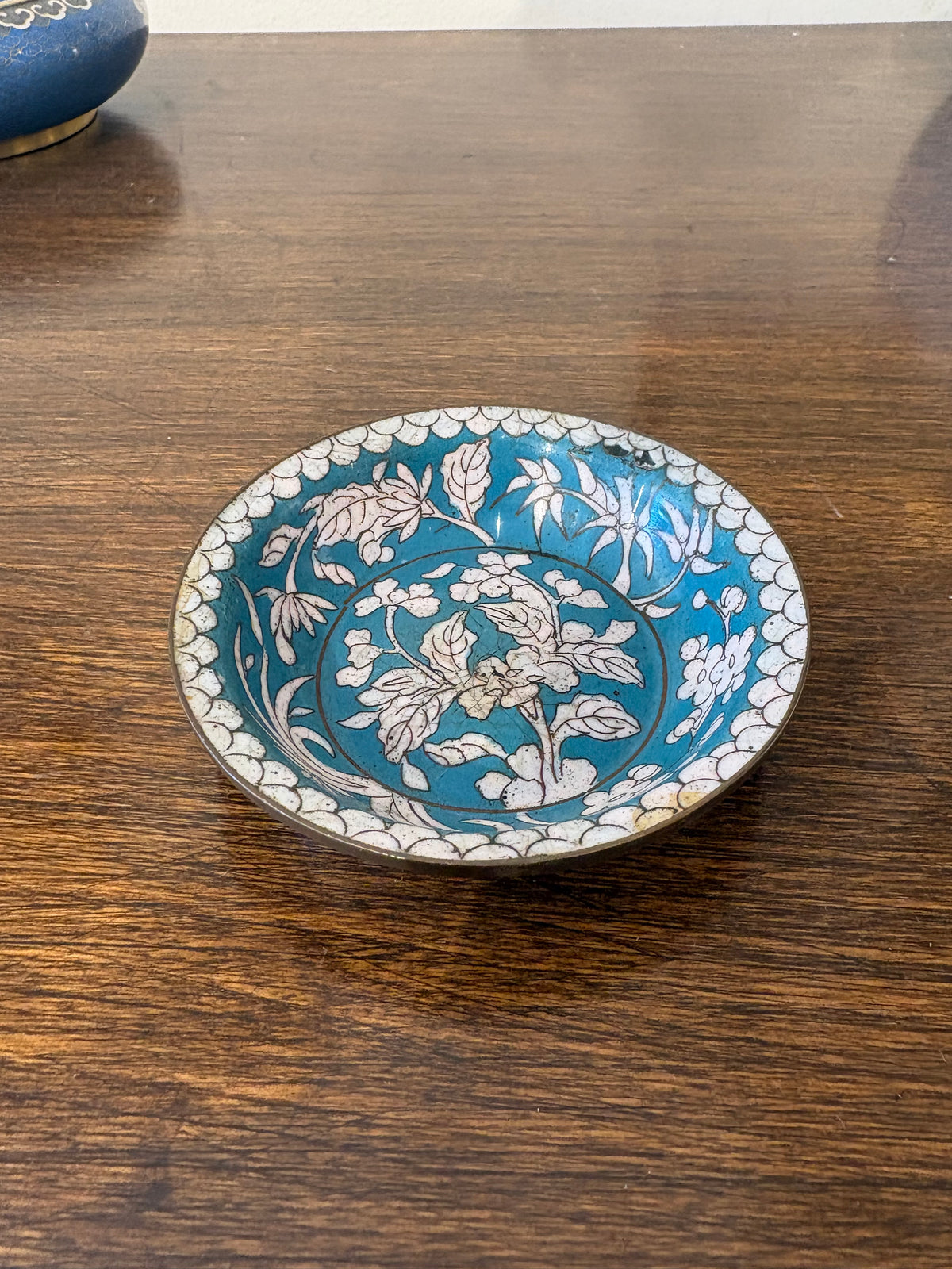 Tiny White and Teal Cloisonne Dish