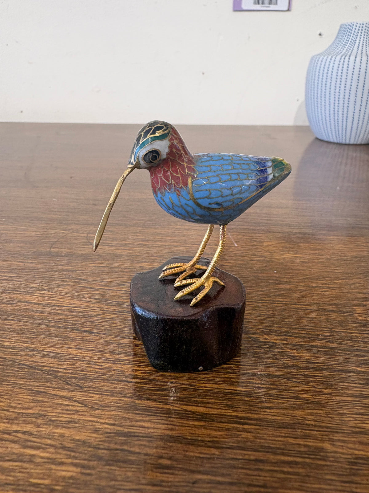 Tiny Cloisonne Bird on Wood Stand