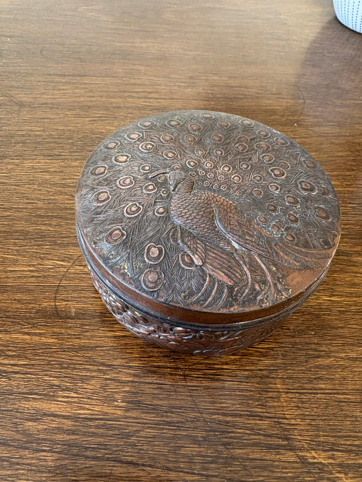 Round Metal Trinket Box with Peacock Motif