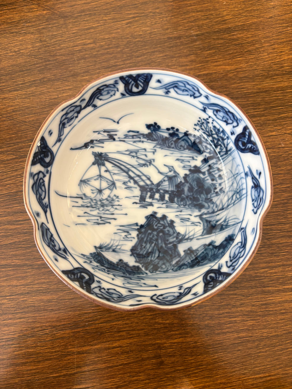 Small Japanese Ceramic Bowl with Painted Scene of Fisherman (Individual)