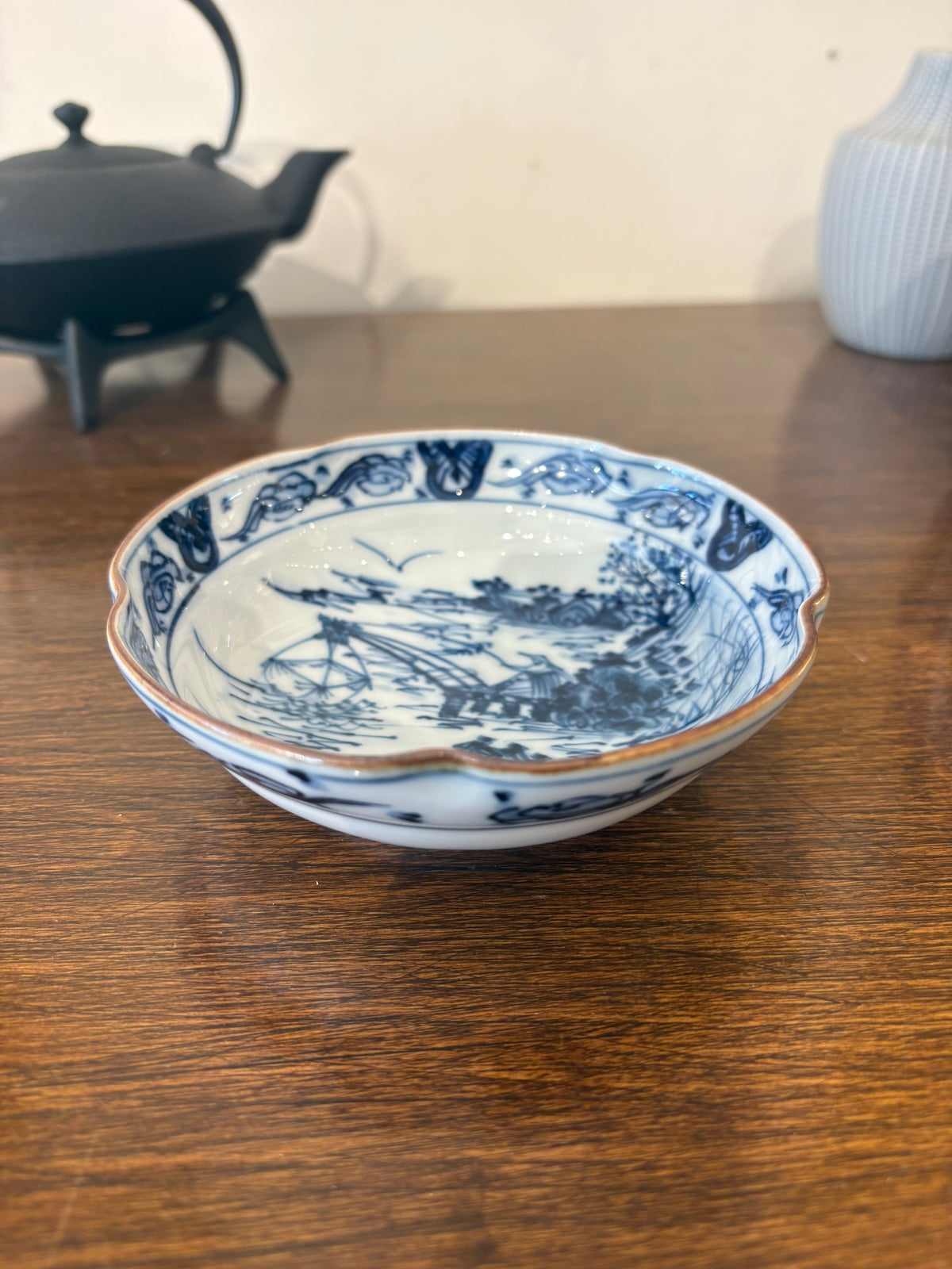 Small Japanese Ceramic Bowl with Painted Scene of Fisherman (Individual)