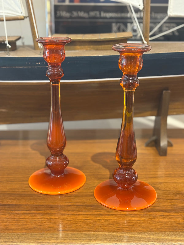 Pair of Tall Amber Glass Candlesticks