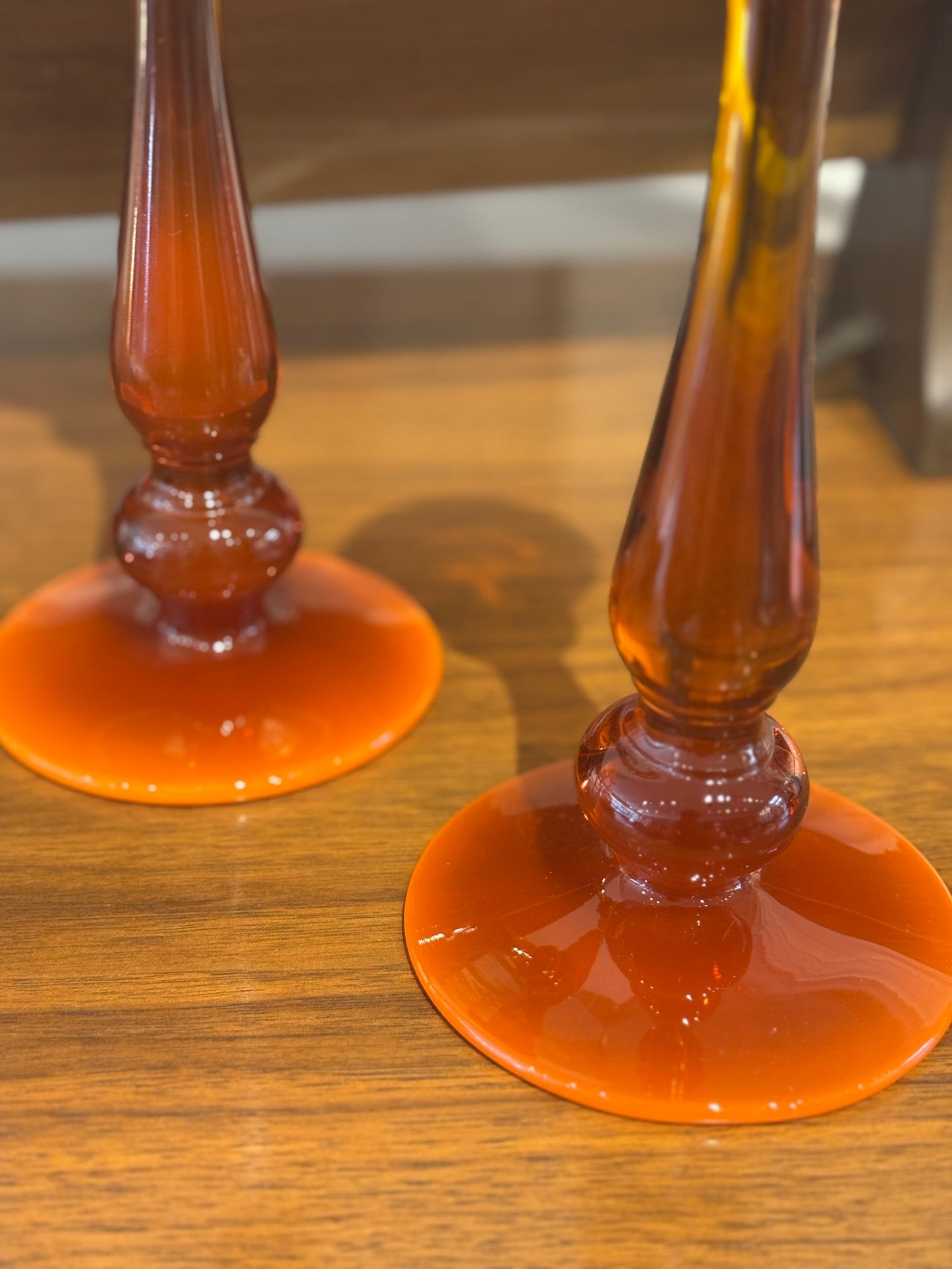 Pair of Tall Amber Glass Candlesticks