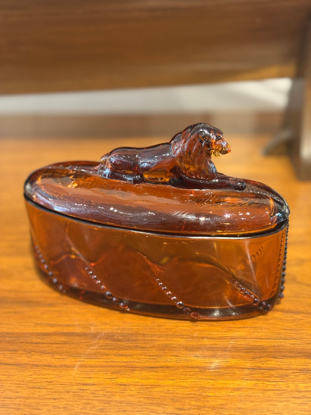 Amber Glass Box with Lion Lid