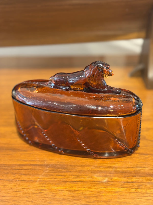 Amber Glass Box with Lion Lid