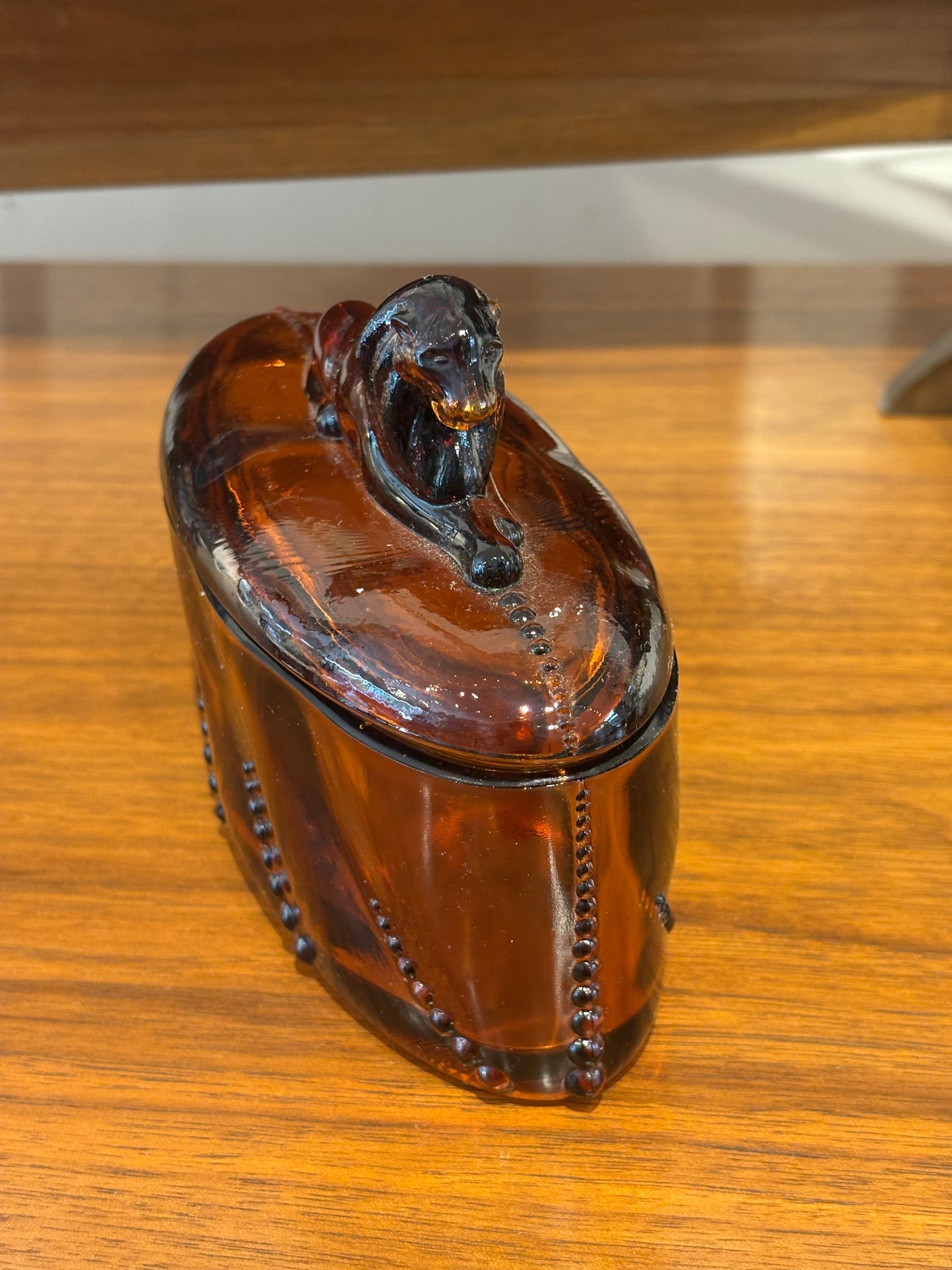 Amber Glass Box with Lion Lid