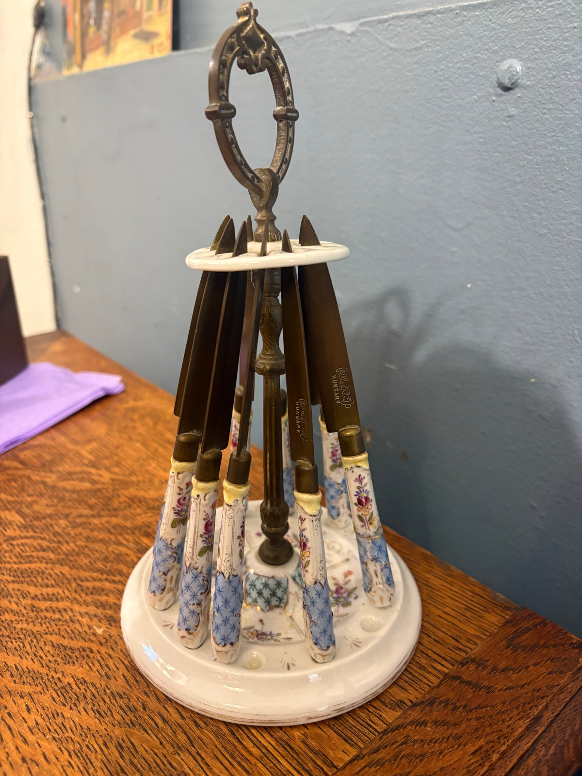 Set of 12 Hungarian Cheese Knives with Porcelain Handles and Stand