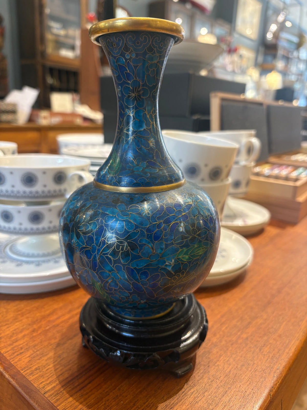 Blue Cloisonne Vase on Wood Stand