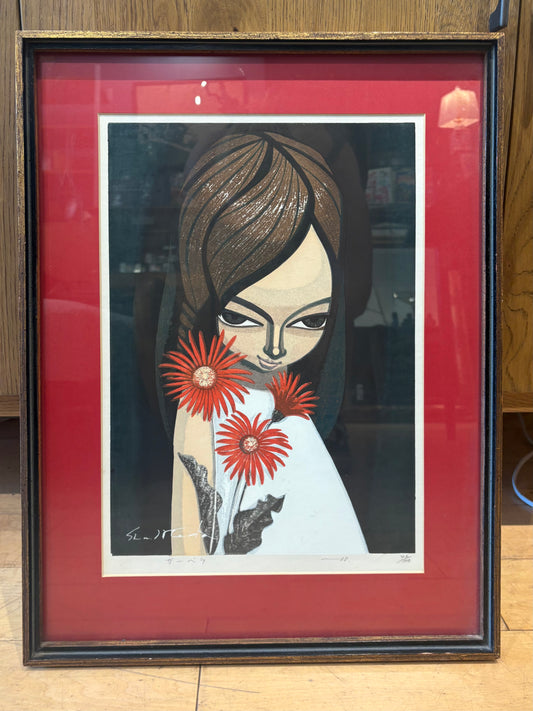 Signed Shu Ikeda Girl with Flowers Woodblock Print 48/100