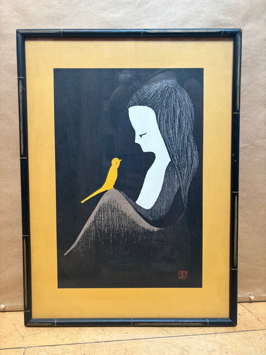 '58 Kaoru Kawano "Girl and a Yellow Bird" Woodblock Print