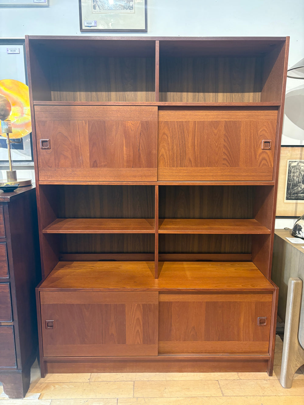 Teak 2 Piece Bookcase with Sliding Door Cabinets
