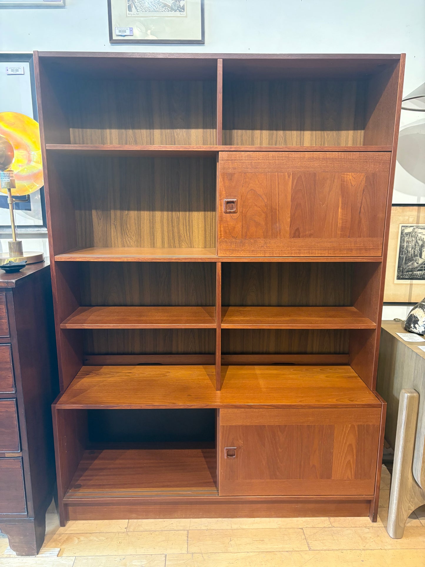 Teak 2 Piece Bookcase with Sliding Door Cabinets
