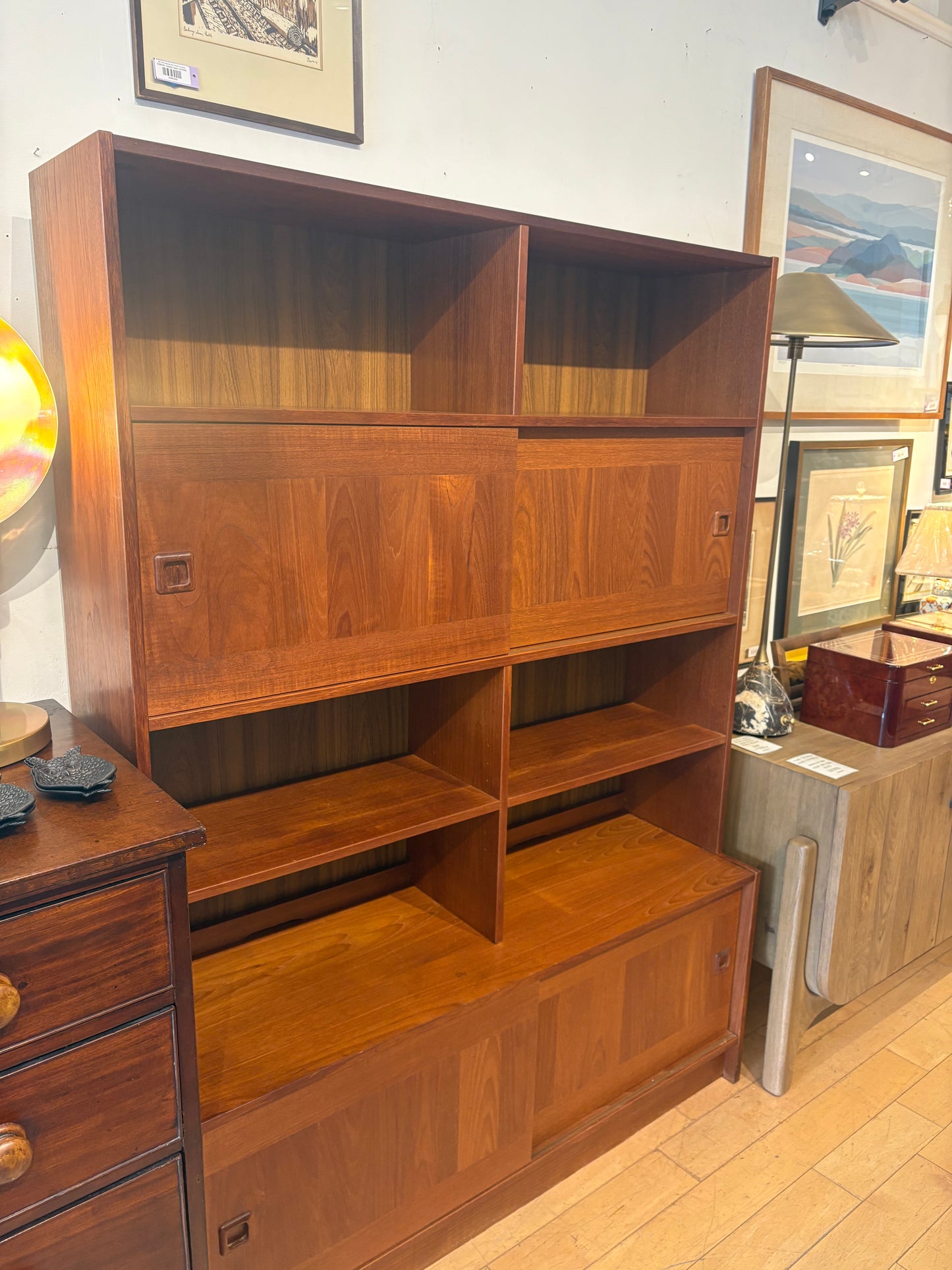 Teak 2 Piece Bookcase with Sliding Door Cabinets