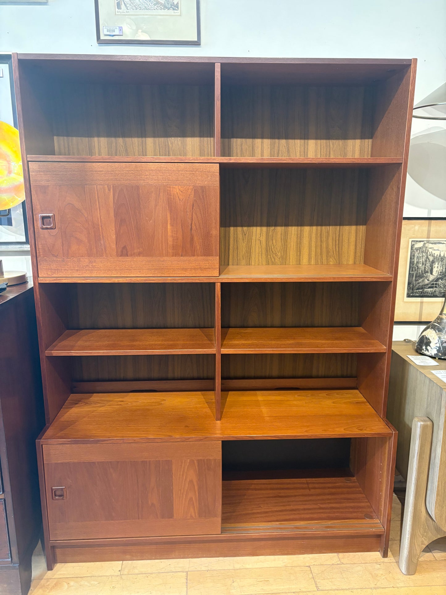 Teak 2 Piece Bookcase with Sliding Door Cabinets