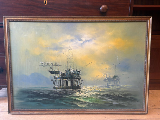 Signed Thomas Ocean Oil Rig Painting
