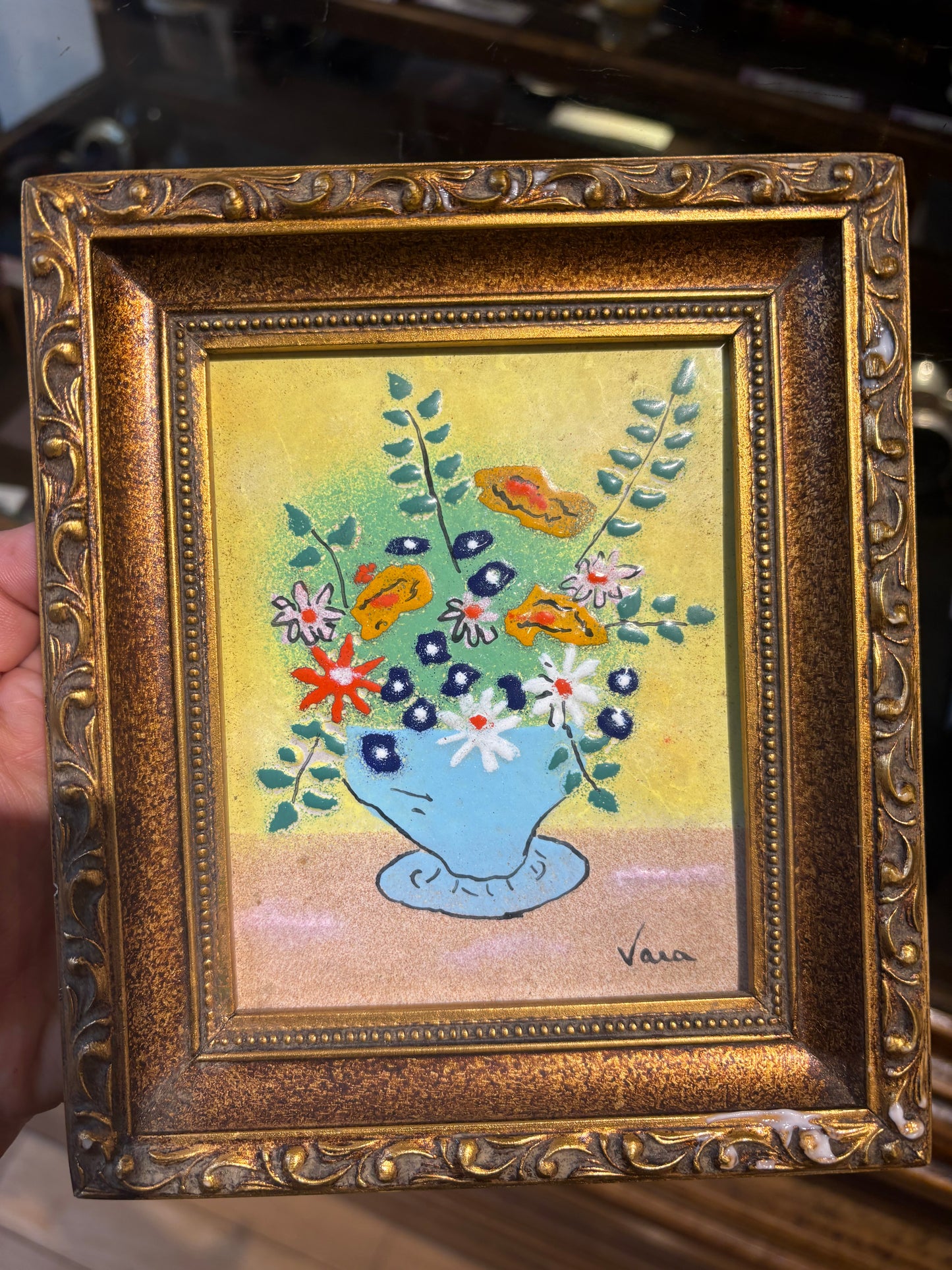 Small Signed Vaia Bouquet Painting on Enamel