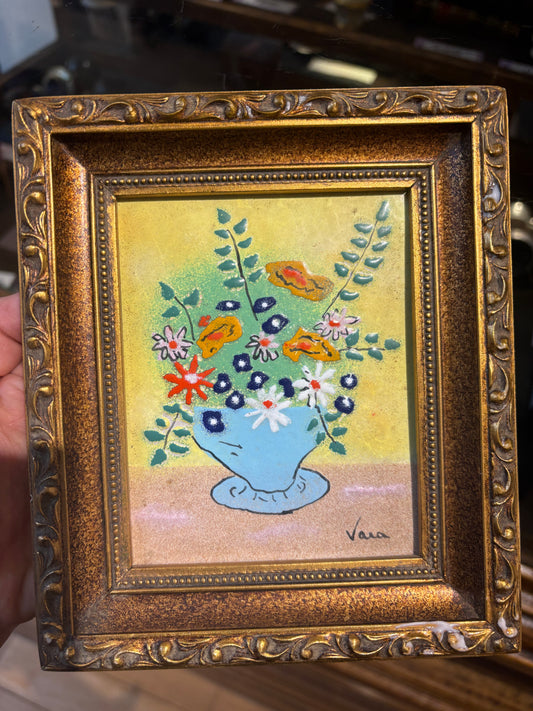 Small Signed Vaia Bouquet Painting on Enamel