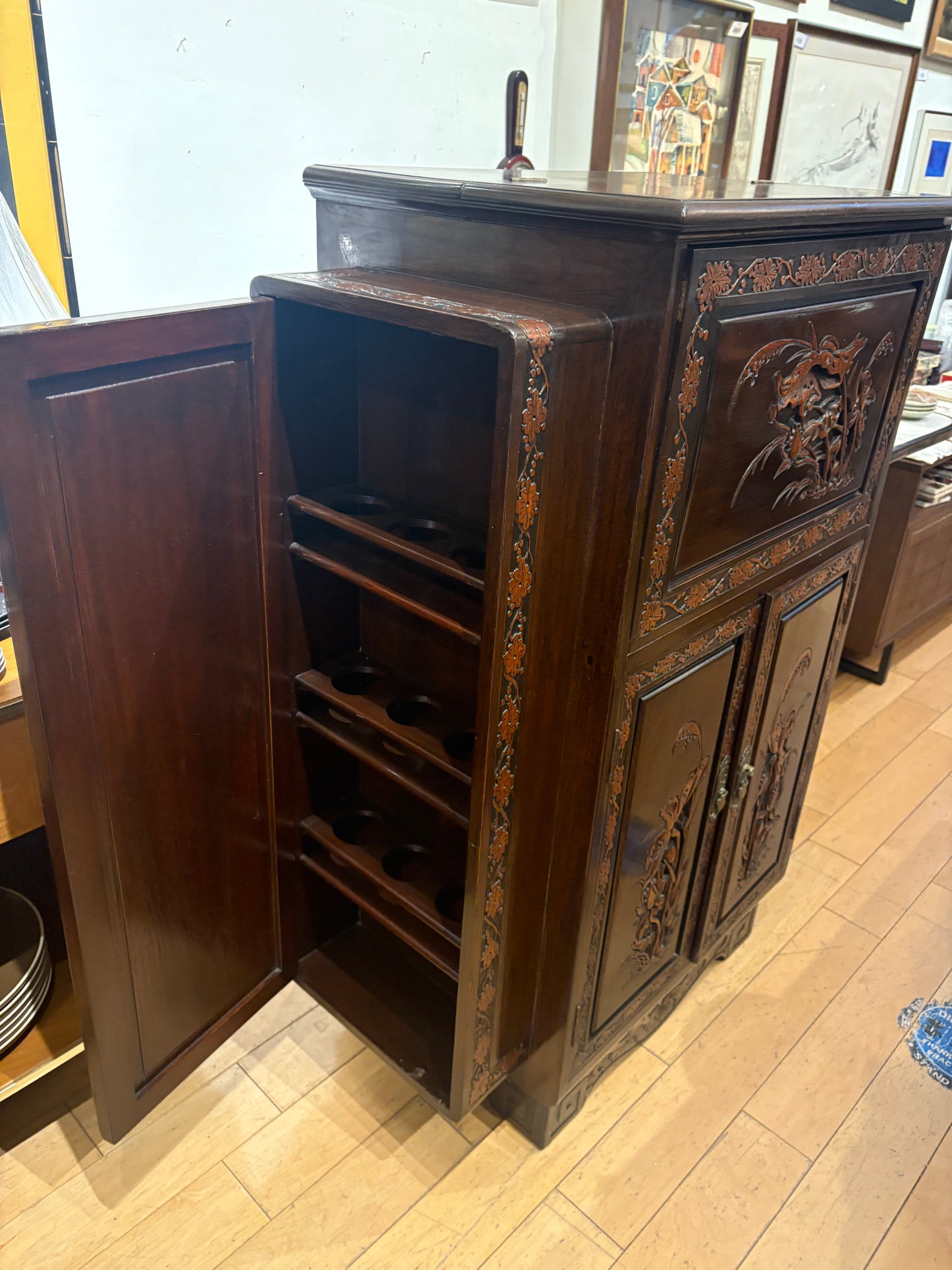Asian Bar Cabinet with Carved Detail