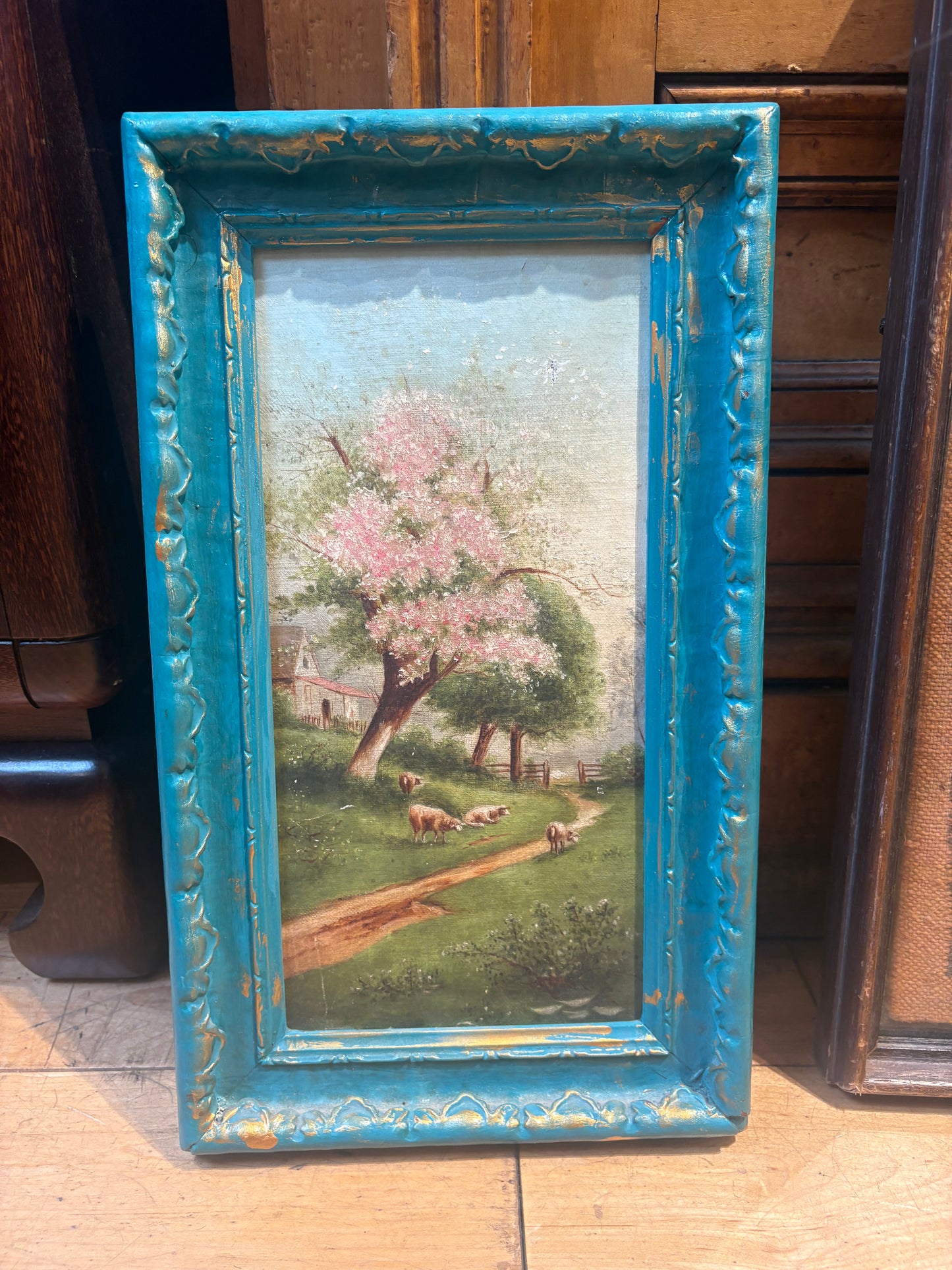 Painting of Blossom Tree and Sheep in Teal Frame