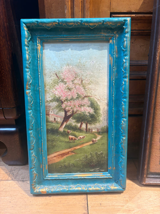 Painting of Blossom Tree and Sheep in Teal Frame