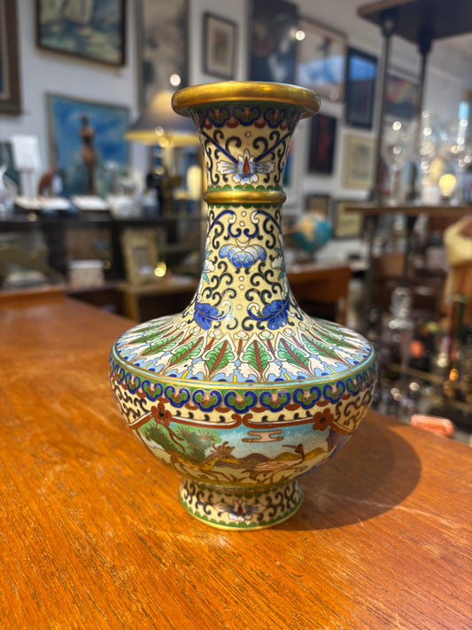 Cloisonne Long Neck Vase with Deer and Crane