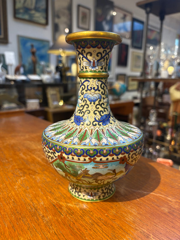 Cloisonne Long Neck Vase with Deer and Crane