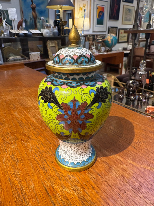 Green and White Cloisonne Jar with Lid