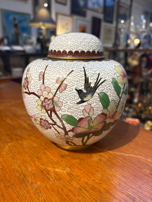 Large White Cloisonne Jar with Lid