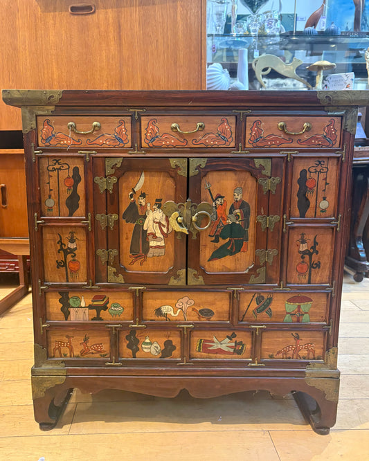 Illustrated Asian Cabinet with 3 Small Drawers