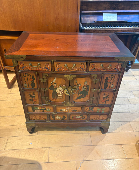 Illustrated Asian Cabinet with 3 Small Drawers
