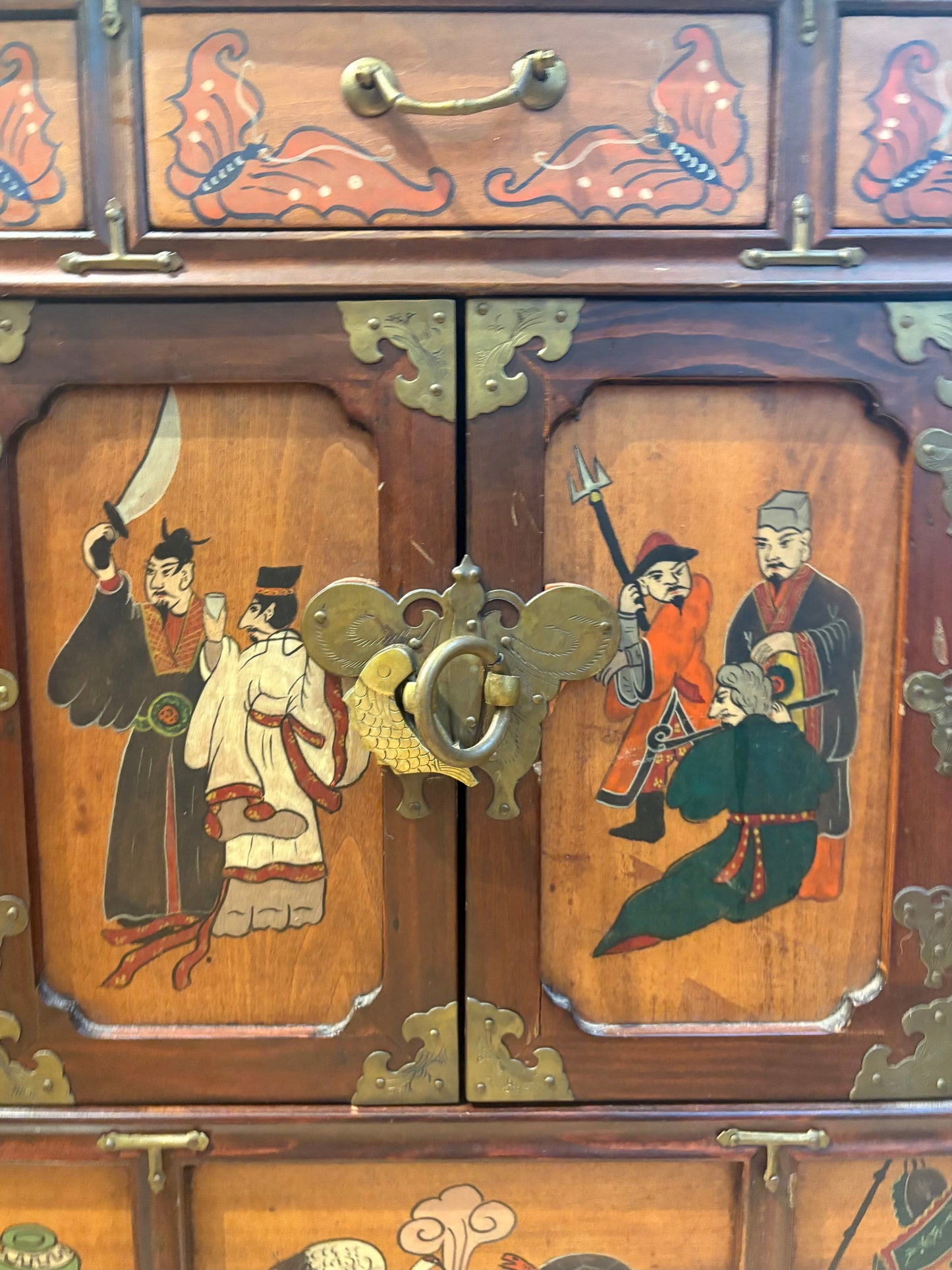 Illustrated Asian Cabinet with 3 Small Drawers