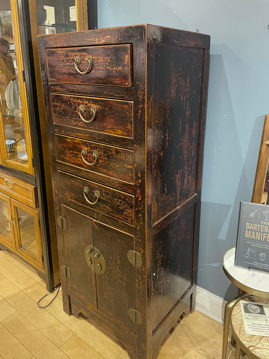 Tall Distressed 4 Drawer Chest with Lower Cabinet