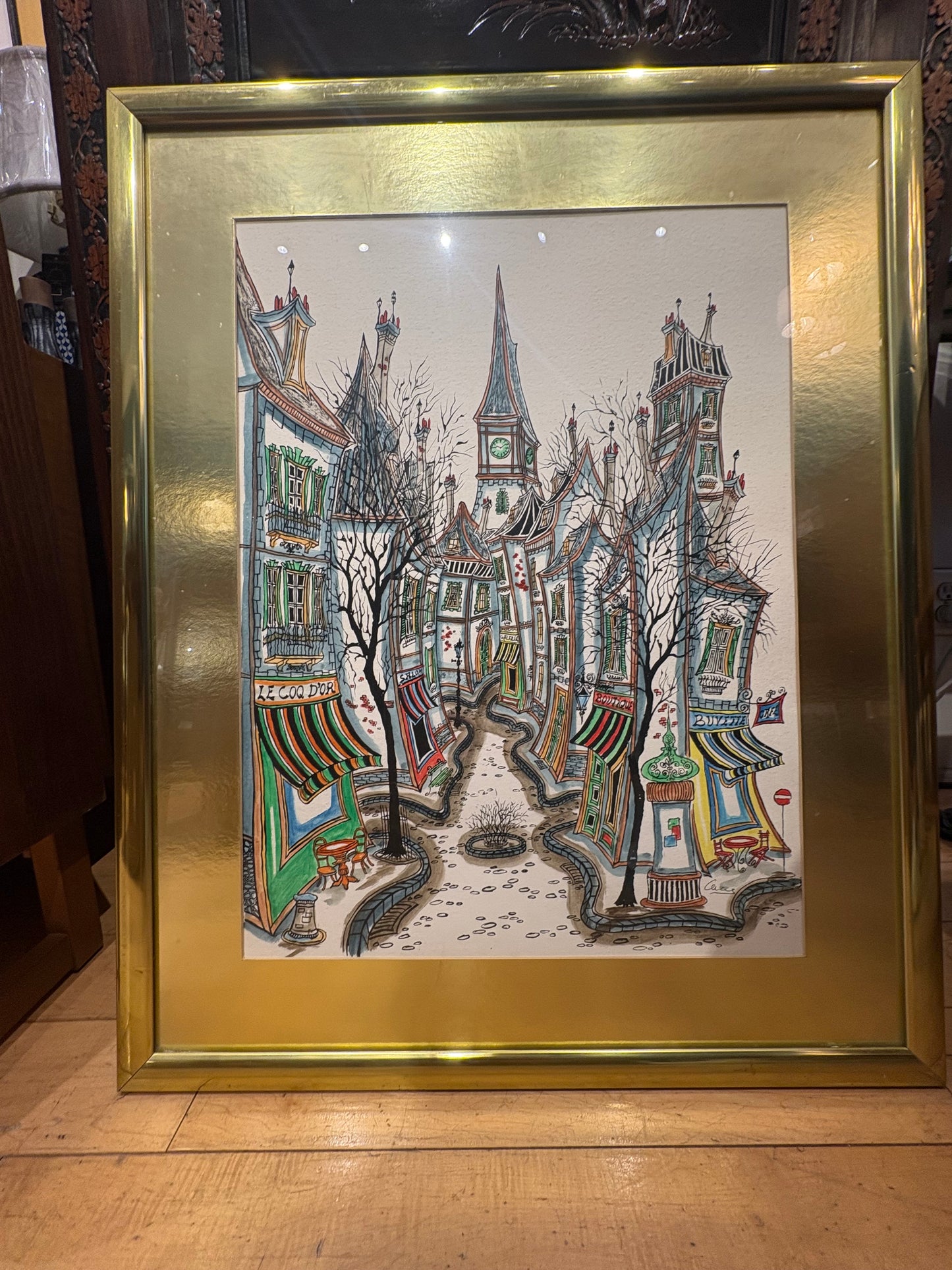Signed Whimsical Streetscape Illustration